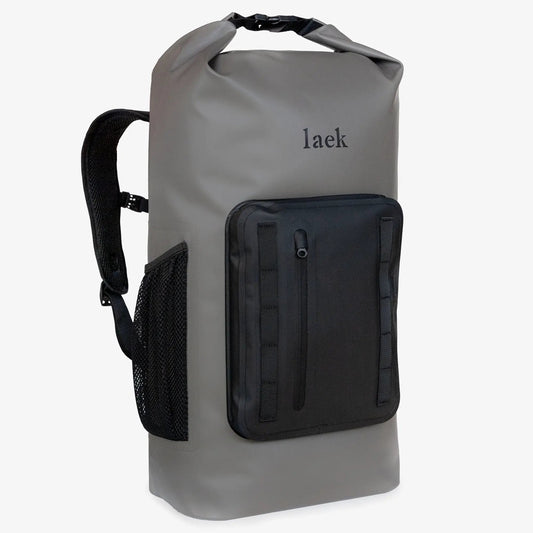 Laek Seafield 30L waterproof backpack in gray with black front pocket and padded straps on Tampa Home & Garden Store