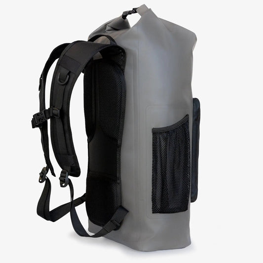 Seafield 30L waterproof backpack gray with black shoulder straps and mesh side pocket on Tampa Home & Garden Store
