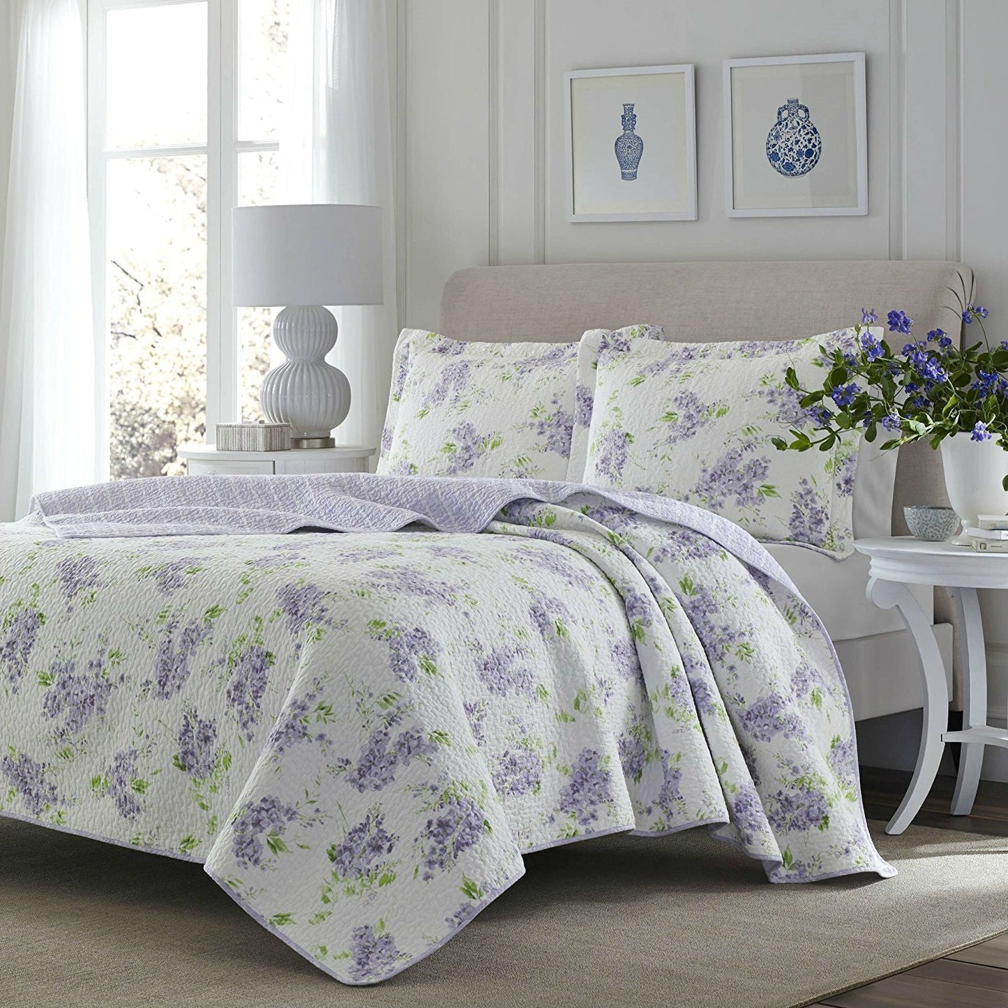 Juego de edredón de algodón de 3 piezas tamaño Full / Queen con estampado floral blanco y morado