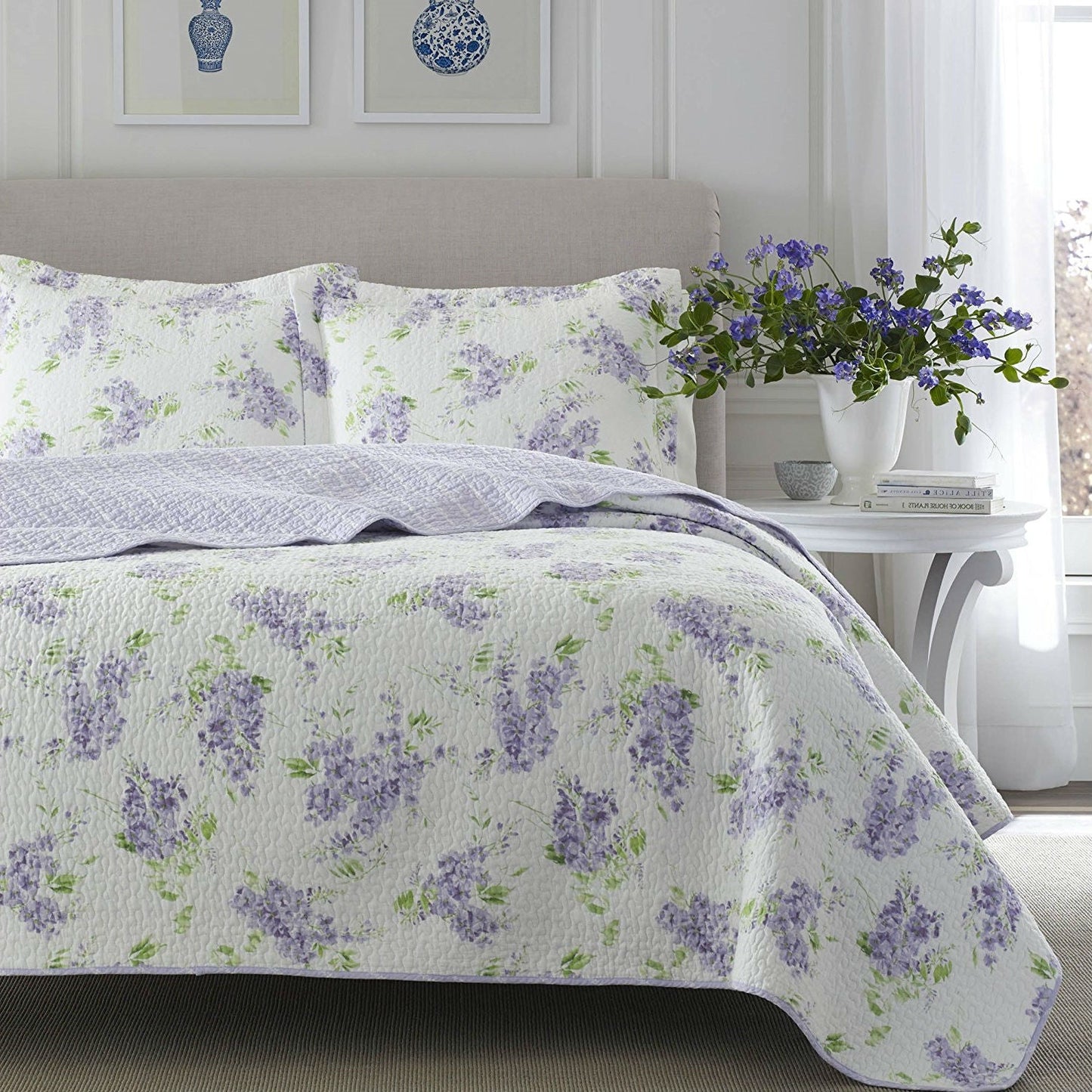 Juego de edredón de algodón de 3 piezas tamaño Full / Queen con estampado floral blanco y morado