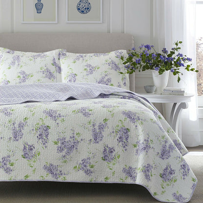 Juego de edredón de algodón de 3 piezas tamaño Full / Queen con estampado floral blanco y morado