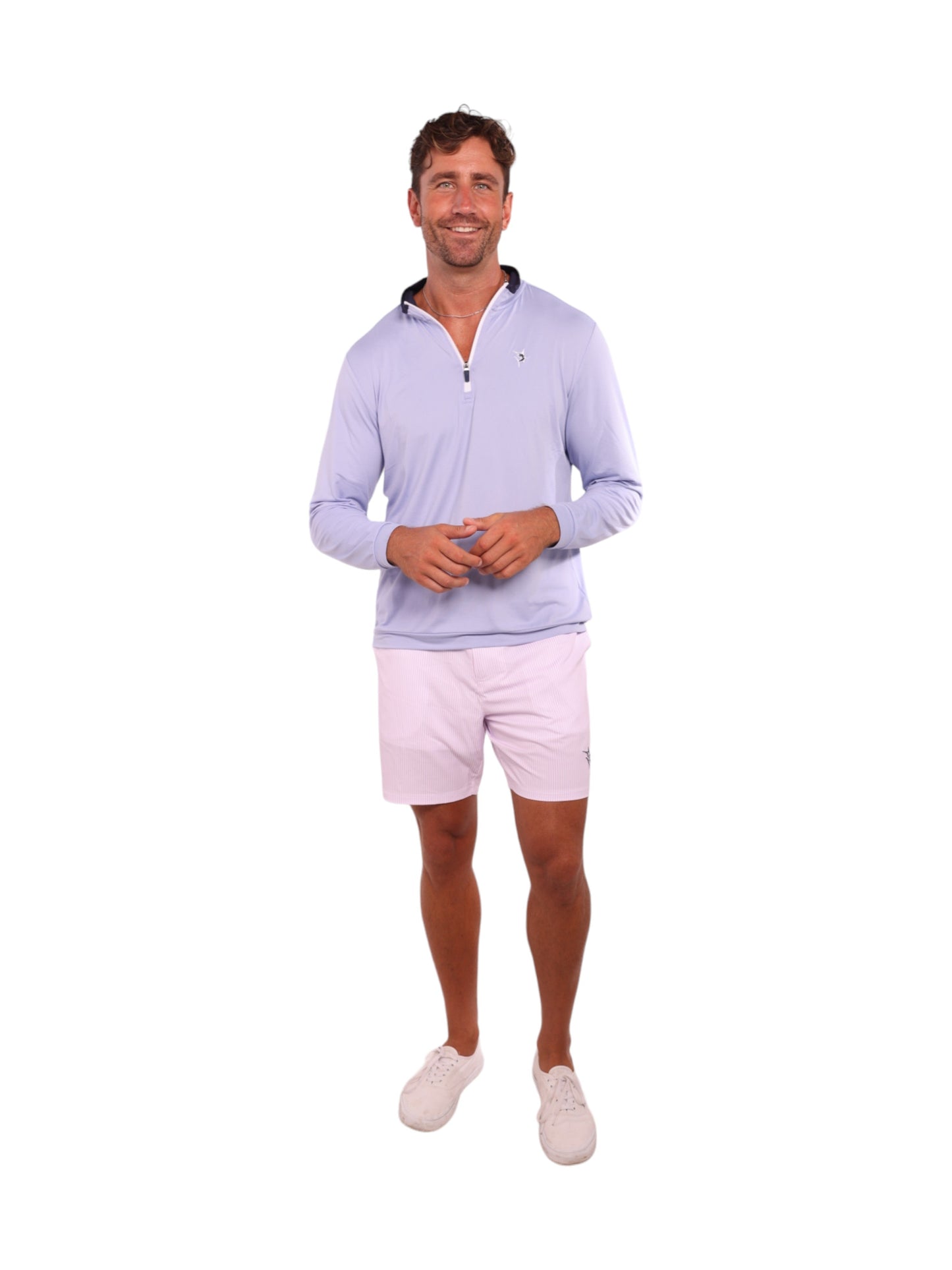 Long Beach Quarter Zip lavender long-sleeve top by White Water Life on model, zip placket on Tampa Home & Garden Store