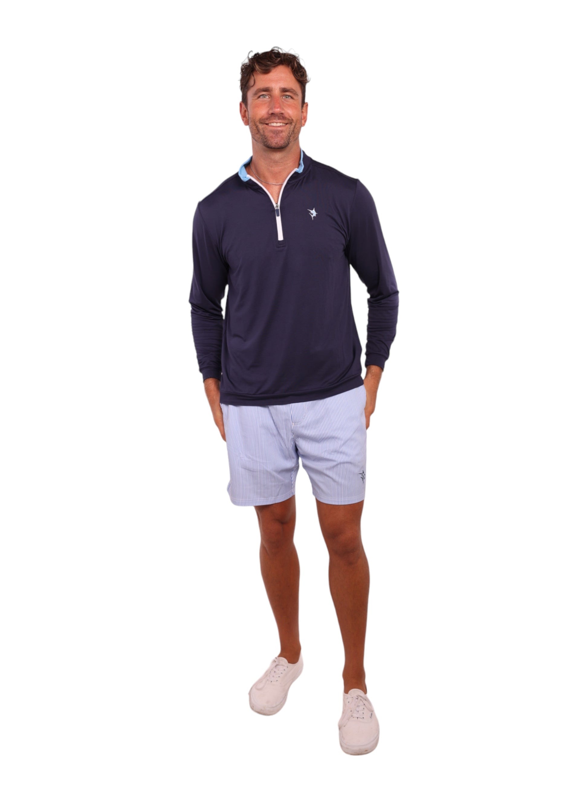 Long Beach Quarter Zip Ultra Soft Lightweight navy long sleeve top with light blue collar on Tampa Home & Garden Store