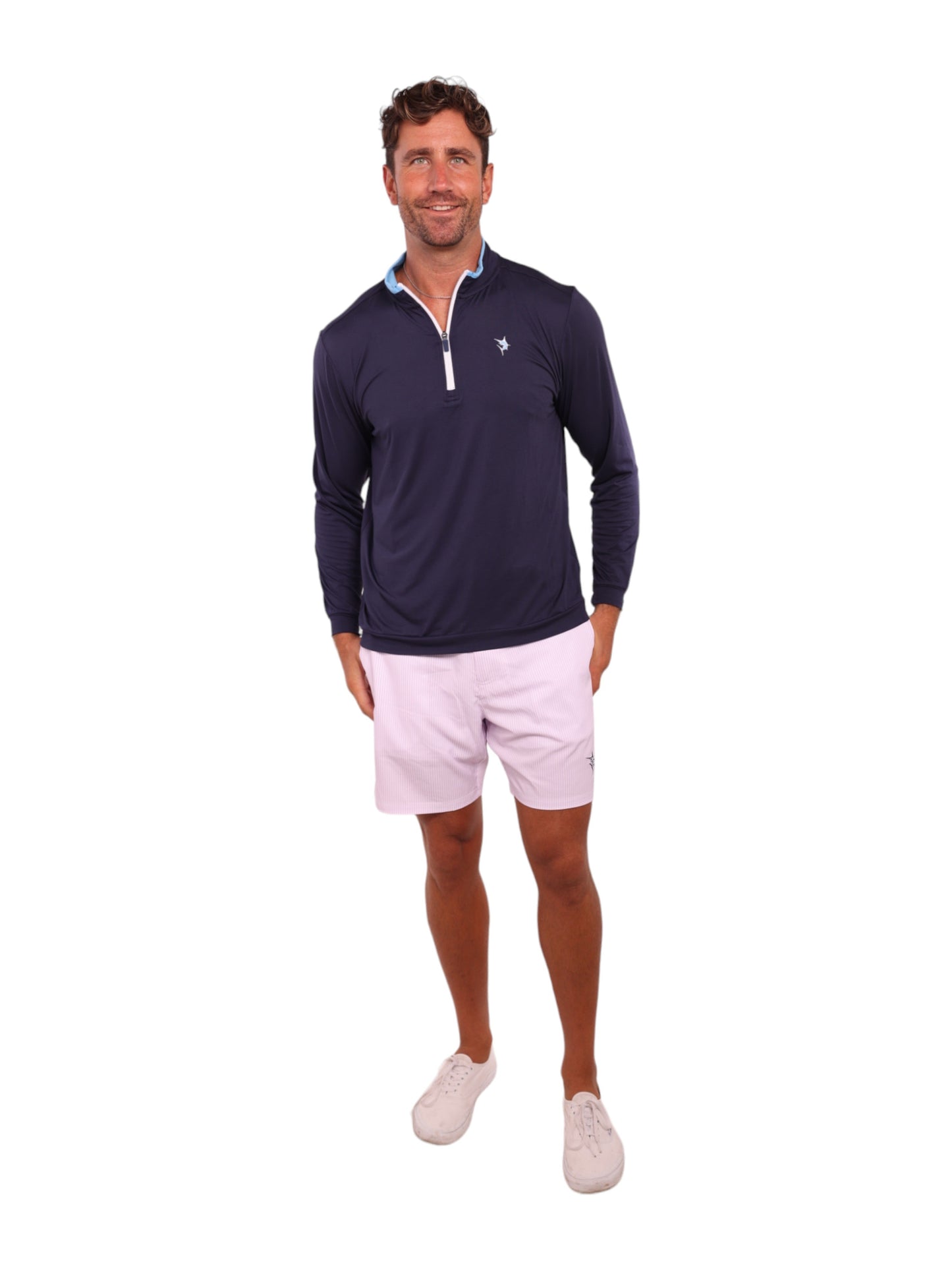 Long Beach Quarter Zip navy long sleeve shirt by White Water Life with blue collar on Tampa Home & Garden Store