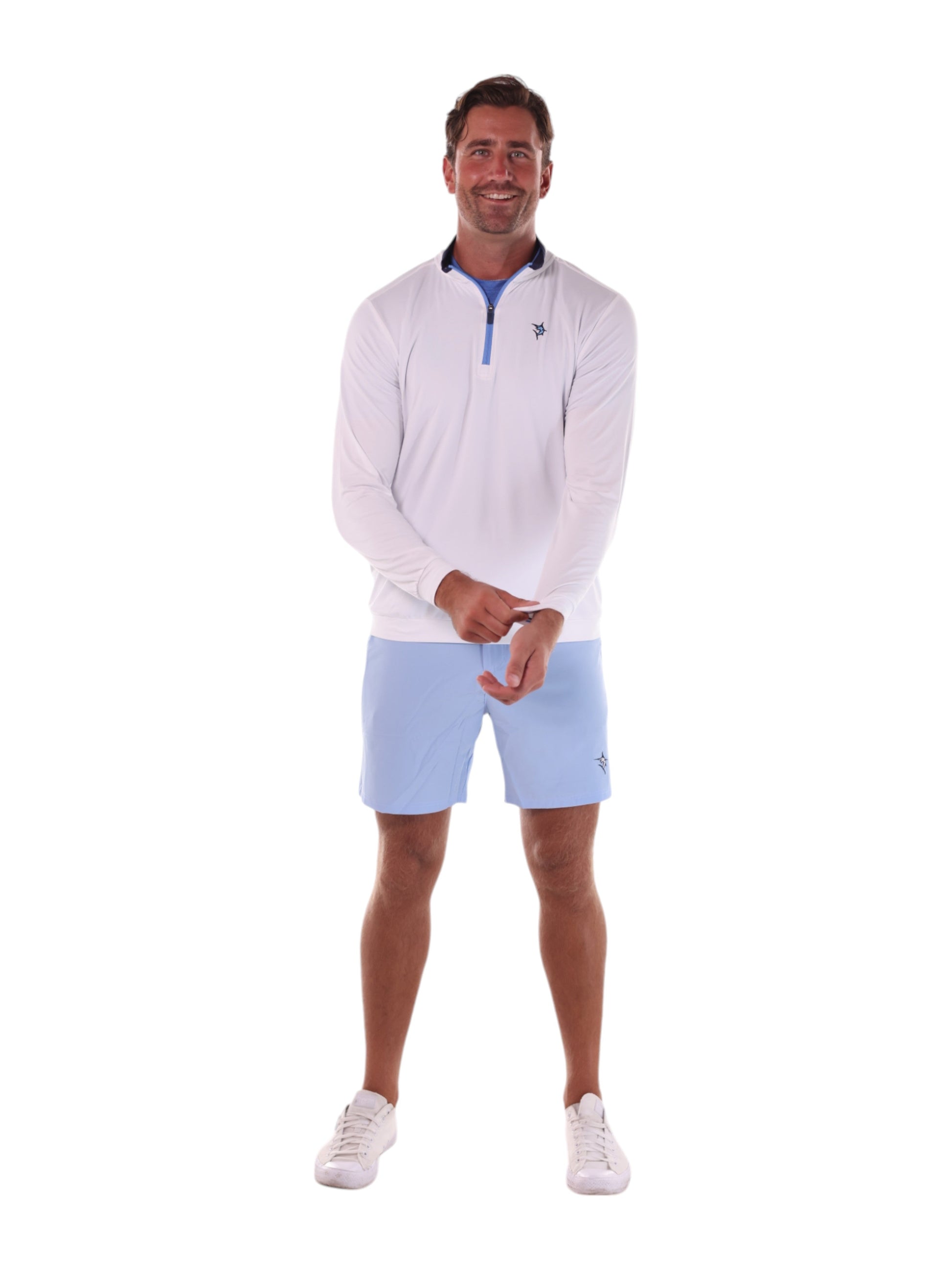 White Water Life Long Beach Quarter Zip Ultra Soft Lightweight white long sleeve top with blue zipper and chest logo on model wearing light blue shorts on Tampa Home & Garden Store