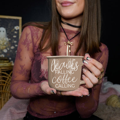 Leaves Falling mug Gia Roma taupe ceramic with white script coffee text on Tampa Home & Garden Store