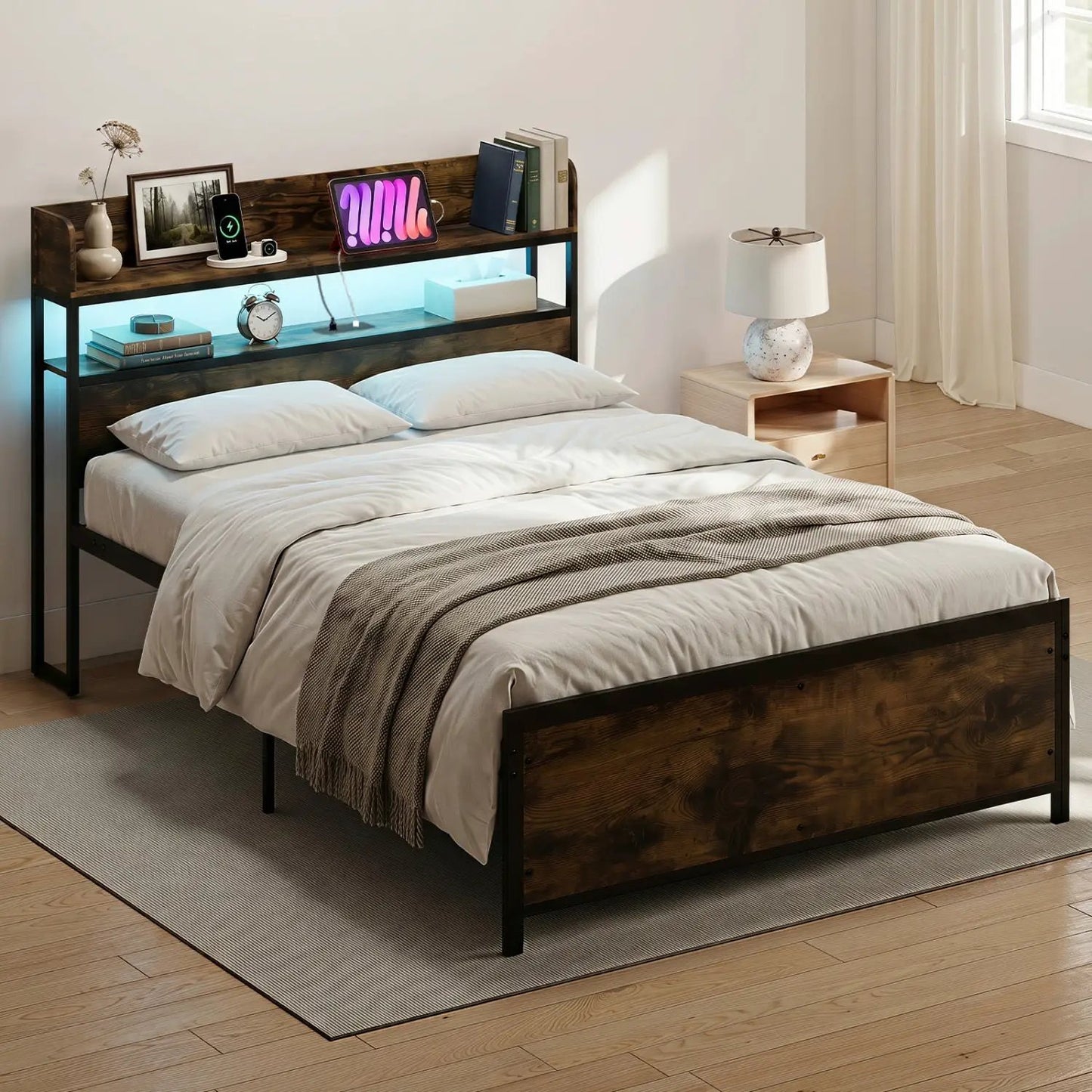 Queen LED Bed Frame with Power Outlets and Storage Headboard