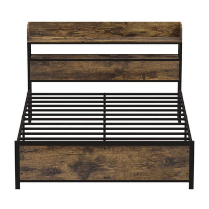 Queen LED Bed Frame with Power Outlets and Storage Headboard