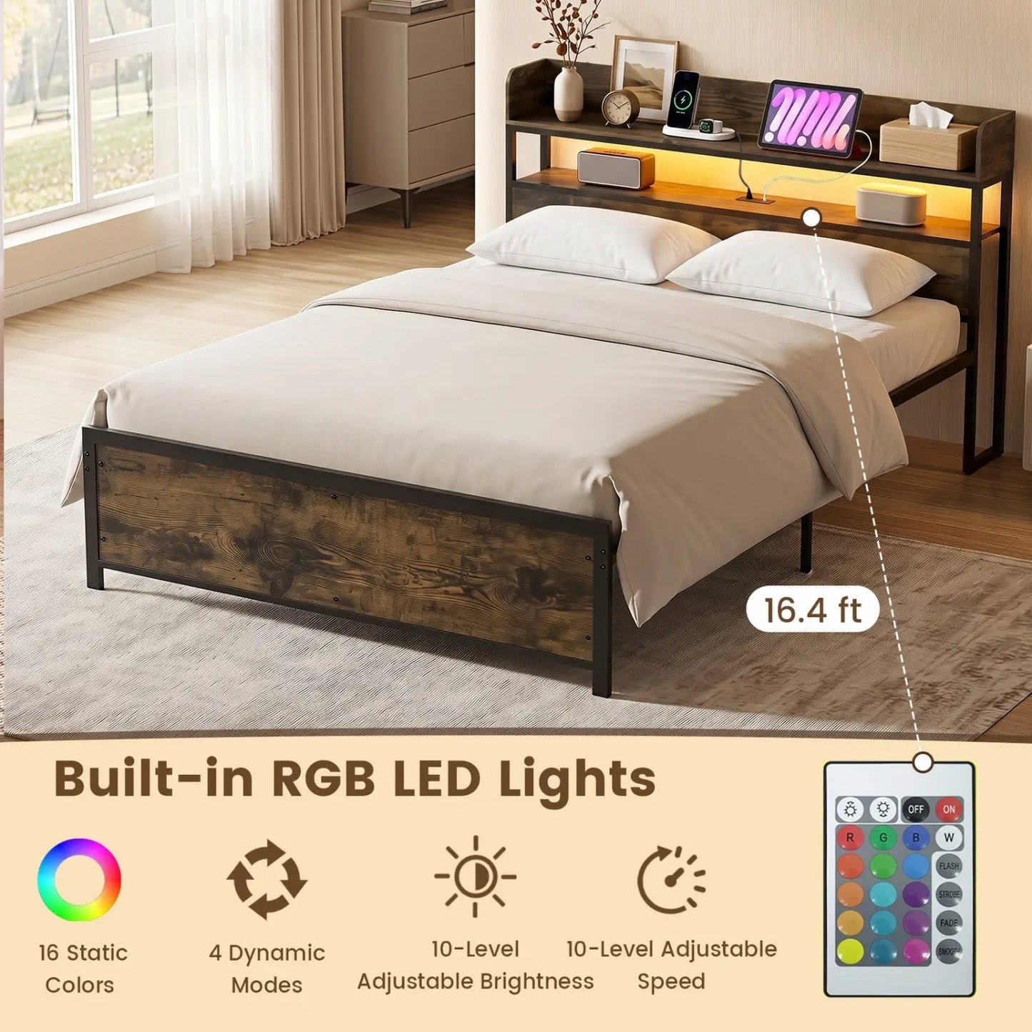 Queen LED Bed Frame with Power Outlets and Storage Headboard