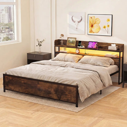 Queen LED Bed Frame with Power Outlets and Storage Headboard