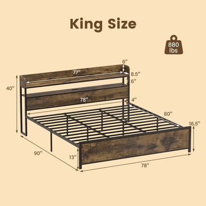 Queen LED Bed Frame with Power Outlets and Storage Headboard