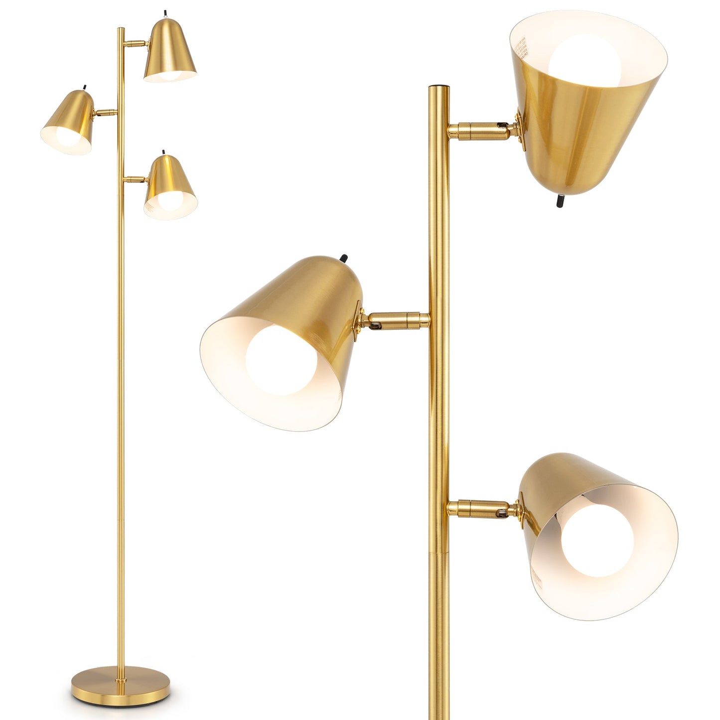 Lámpara de pie LED de 3 luces de 64 pulgadas para sala de estar y dormitorio - Dorado