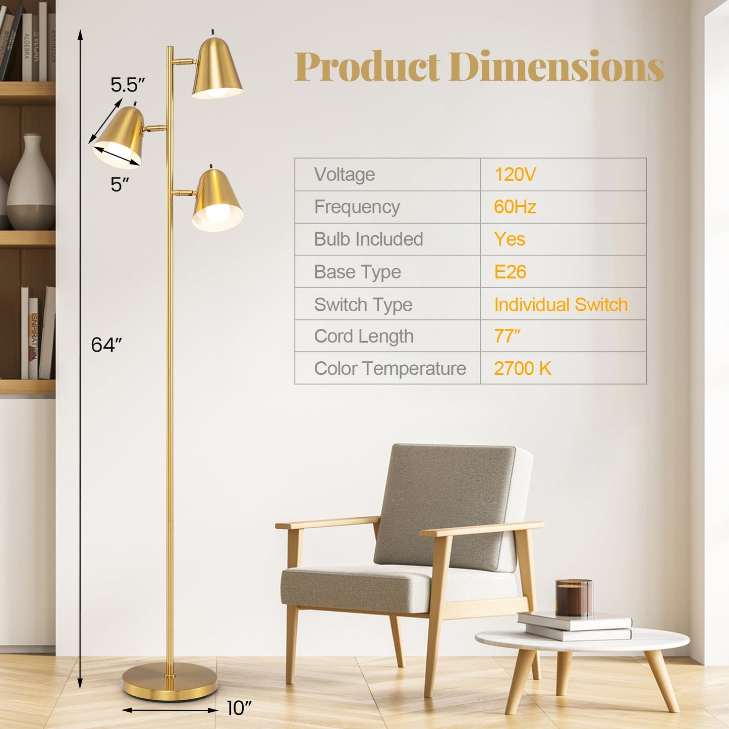 Lámpara de pie LED de 3 luces de 64 pulgadas para sala de estar y dormitorio - Dorado
