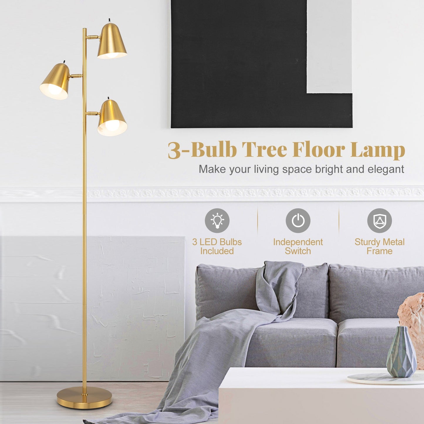 Lámpara de pie LED de 3 luces de 64 pulgadas para sala de estar y dormitorio - Dorado