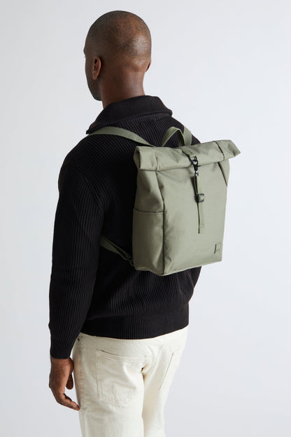 Roll Mini Olive Backpack with Laptop Sleeve by Lefrik USA in olive green fabric back view on Tampa Home & Garden Store
