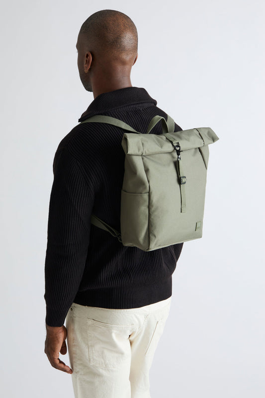 Roll Mini Olive Backpack with Laptop Sleeve by Lefrik USA in olive green fabric back view on Tampa Home & Garden Store