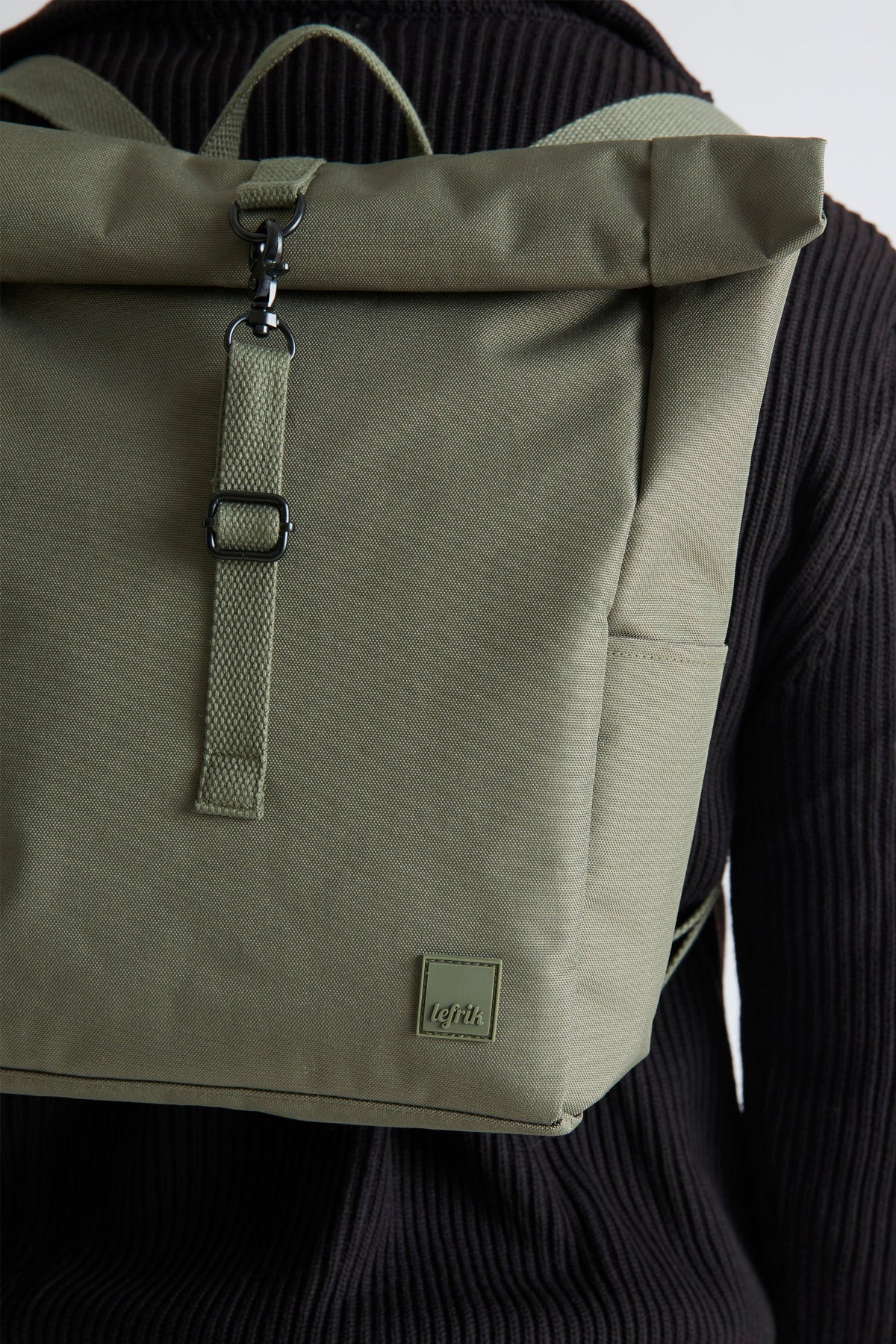 Roll Mini Olive Backpack with Laptop Sleeve olive green fabric Lefrik USA logo on Tampa Home & Garden Store