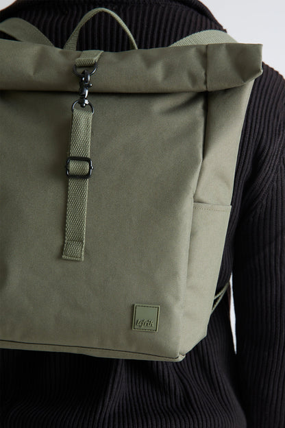 Roll Mini Olive Backpack with Laptop Sleeve olive green fabric Lefrik USA logo on Tampa Home & Garden Store