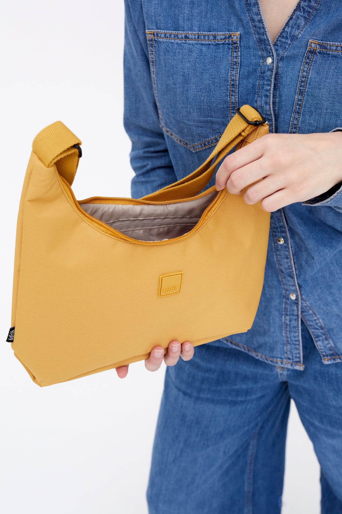 Bico Bag in Mustard with Crescent Silhouette, Lefrik USA handbag in mustard on Tampa Home & Garden Store