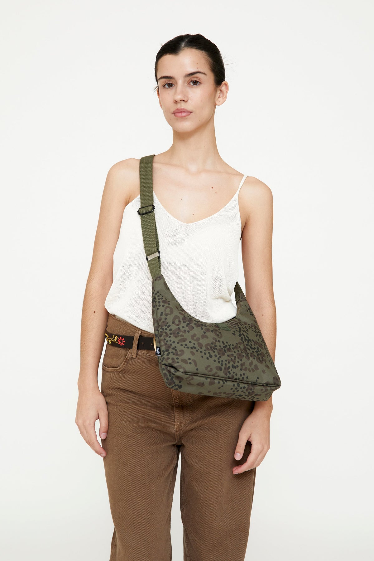 Bico Bag Cheetah Print Crossbody with olive green strap on Tampa Home & Garden Store