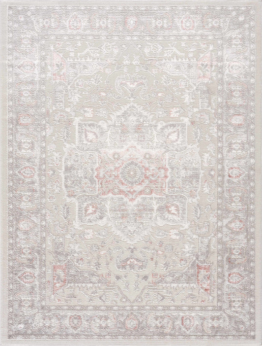 Damla Area Rug cream with subtle pink motifs and ornate border Boutique Rugs clearance on Tampa Home & Garden Store