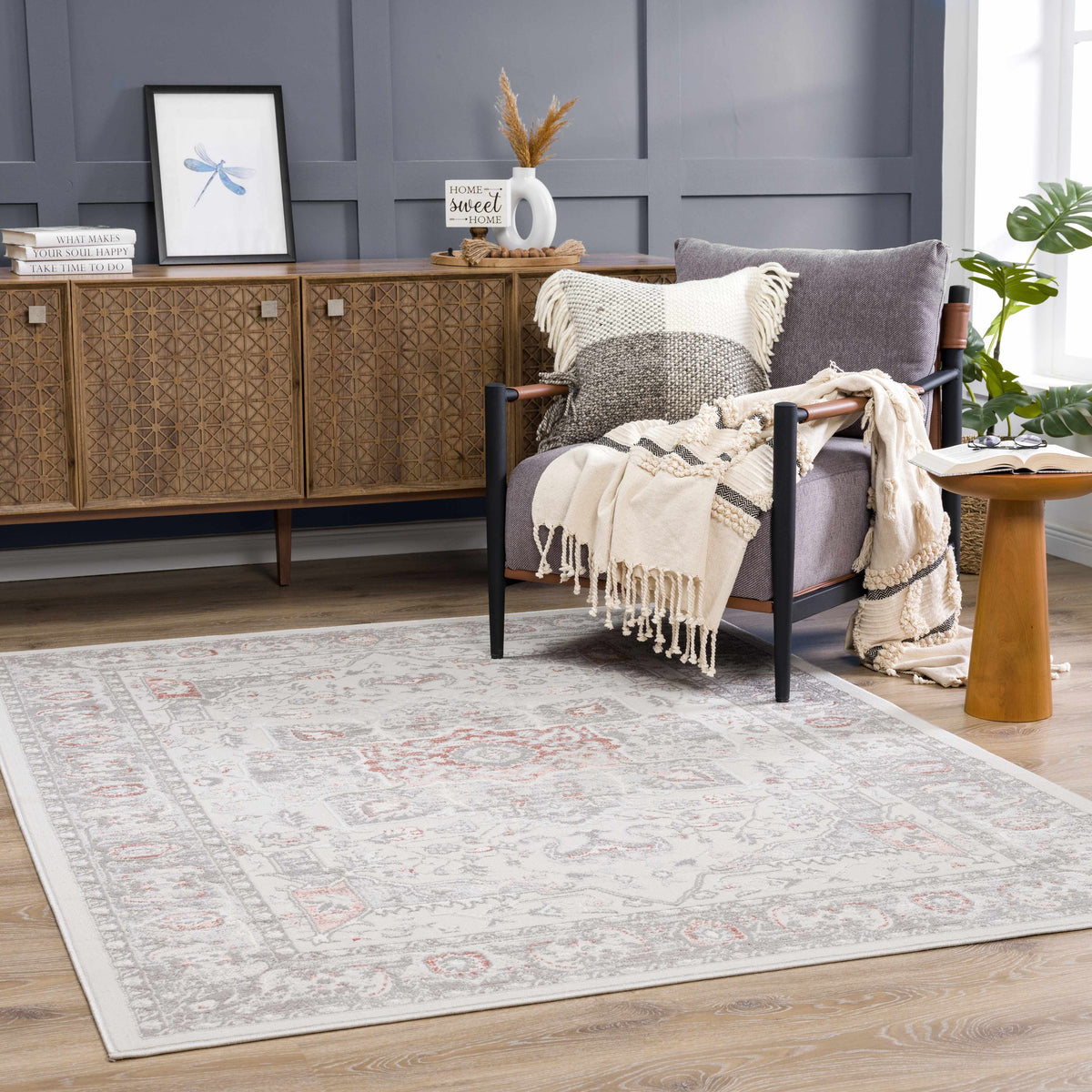 Damla Area Rug - Clearance by Boutique Rugs in light gray/ivory with pink pattern and fringe on Tampa Home & Garden Store
