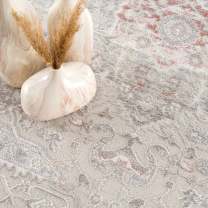 Damla Area Rug by Boutique Rugs beige gray with pink accents, set of 3 beige vases on Tampa Home & Garden Store