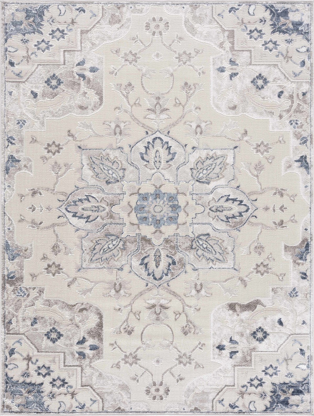 Calum Blue & Gray Area Rug by Boutique Rugs, cream field with blue-gray damask motif on Tampa Home & Garden Store