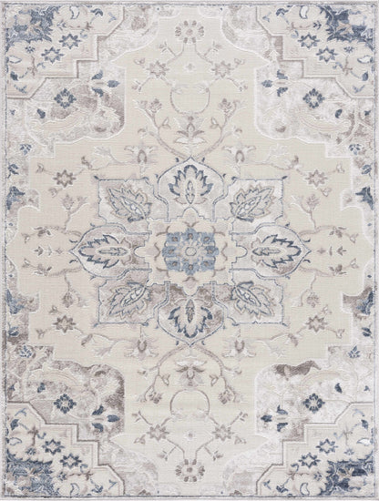 Calum Blue & Gray Area Rug by Boutique Rugs, cream field with blue-gray damask motif on Tampa Home & Garden Store