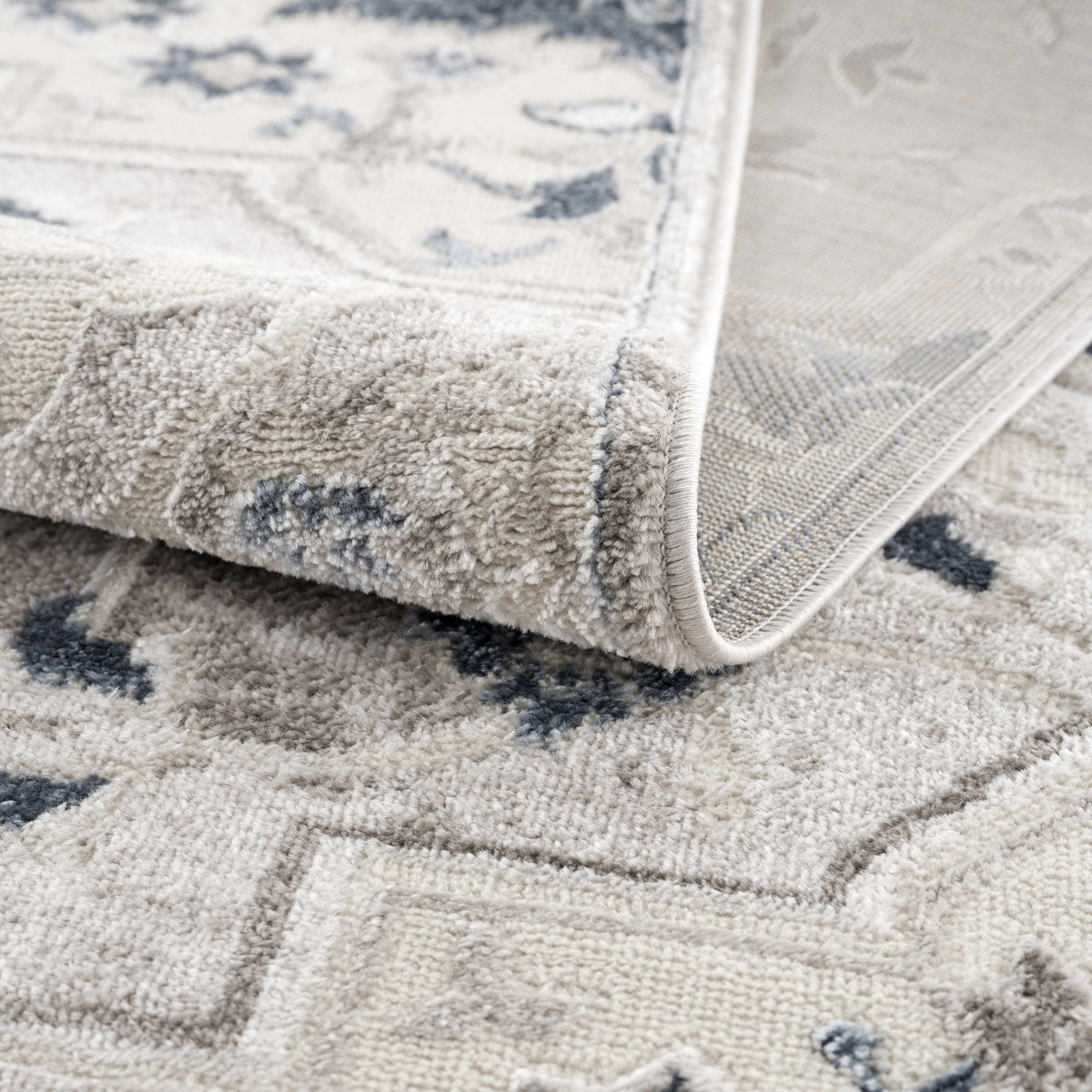 Calum Blue & Gray Area Rug plush pile with fringe blue gray tones Boutique Rugs clearance on Tampa Home & Garden Store