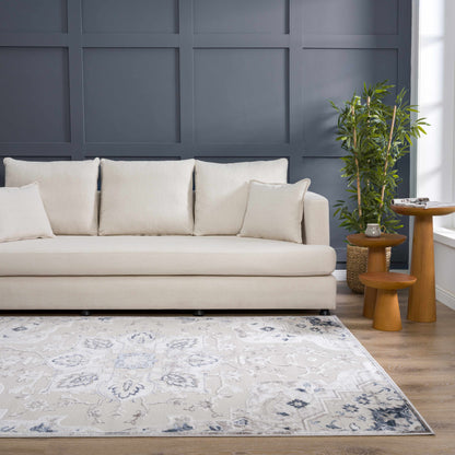 Calum Blue & Gray Area Rug by Boutique Rugs, blue-gray ornate pattern in living room on Tampa Home & Garden Store