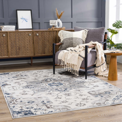 Calum Blue & Gray Area Rug with cream backdrop and blue-gray pattern by Boutique Rugs on Tampa Home & Garden Store