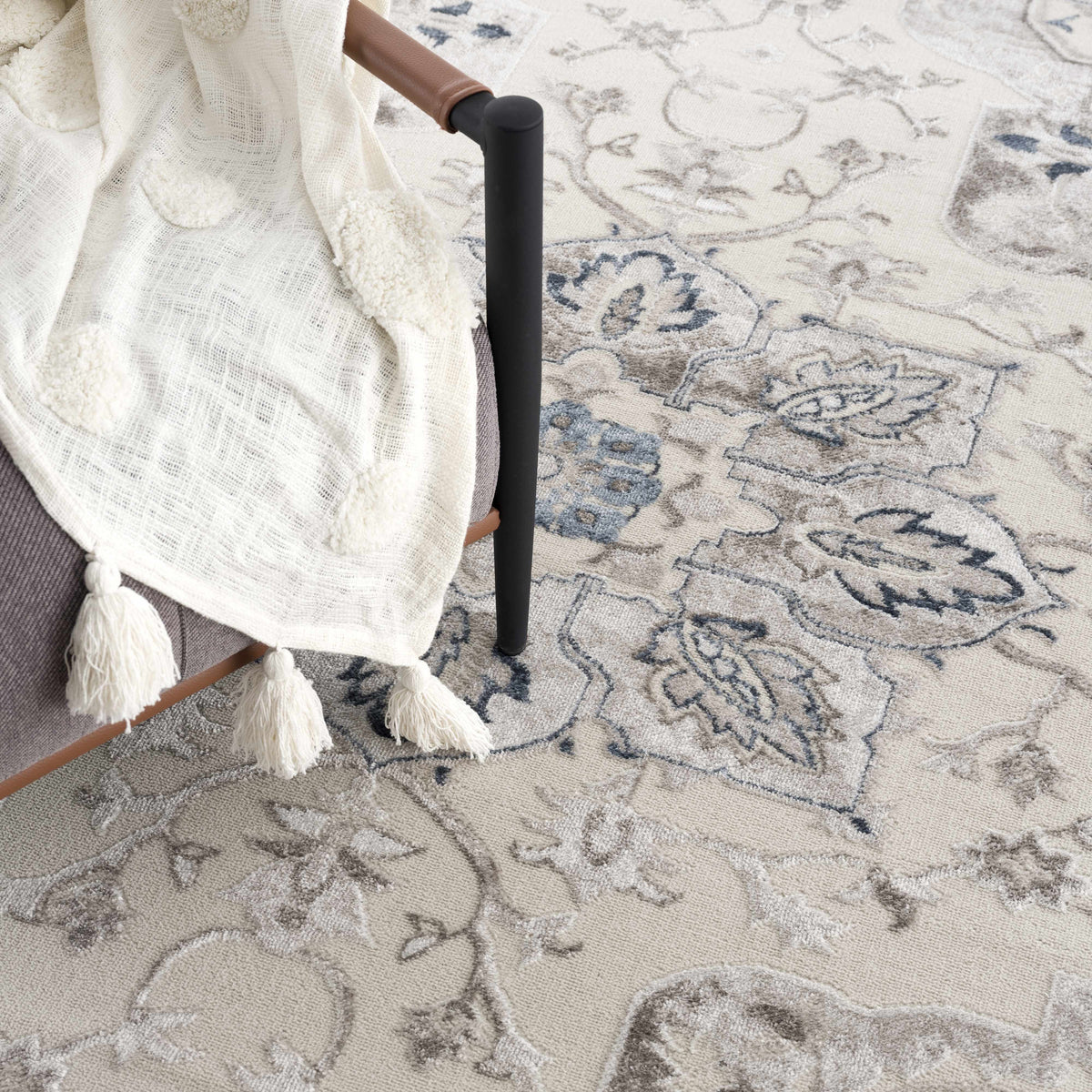 Calum blue gray area rug by Boutique Rugs with a timeless motif on Tampa Home & Garden Store
