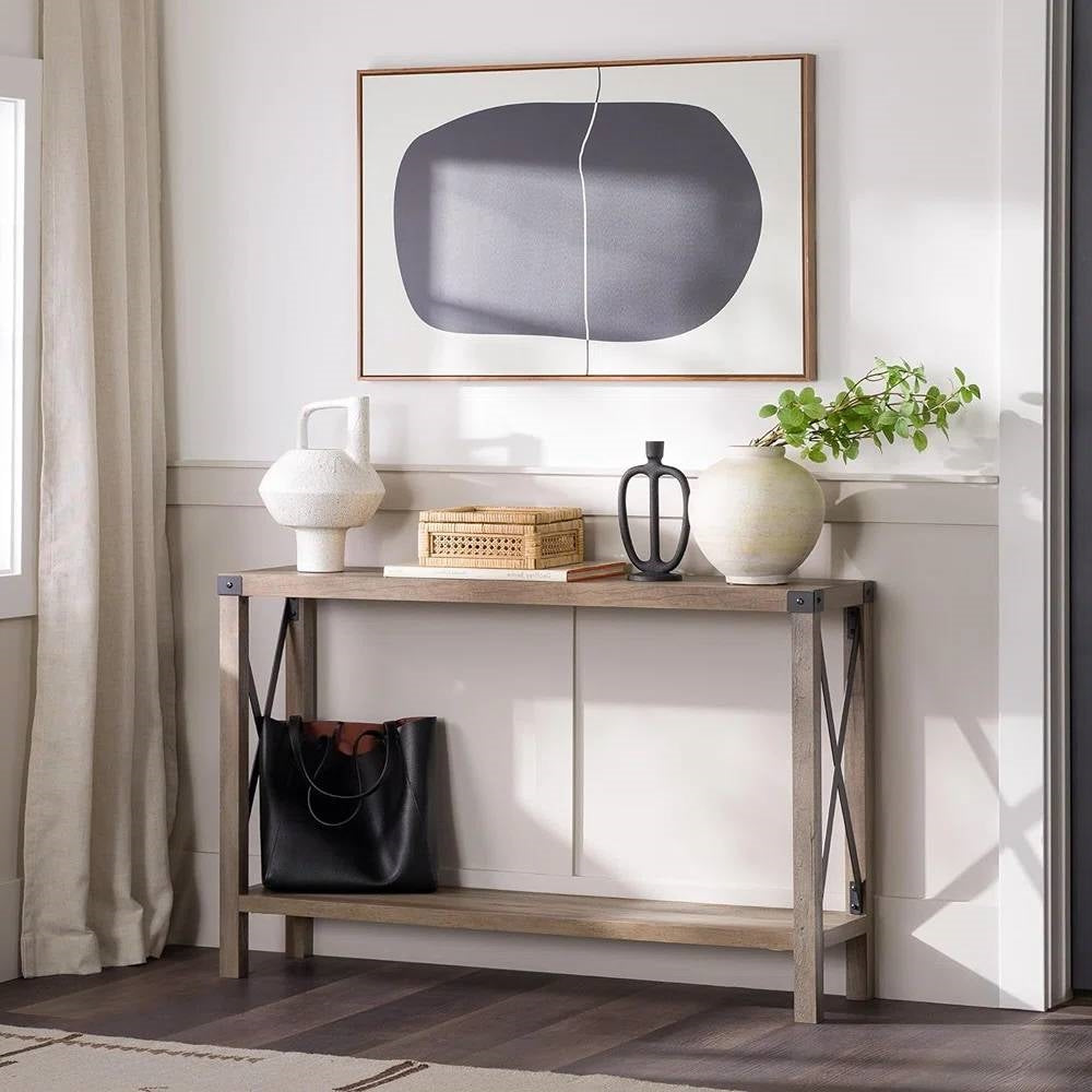 Mesa de entrada rústica industrial / Mesa consola con acabado de madera gris topo