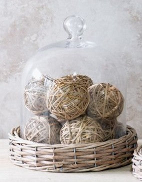 Willow Base Glass Cloche by Thenestedfig over a woven basket with six twine balls on Tampa Home & Garden Store