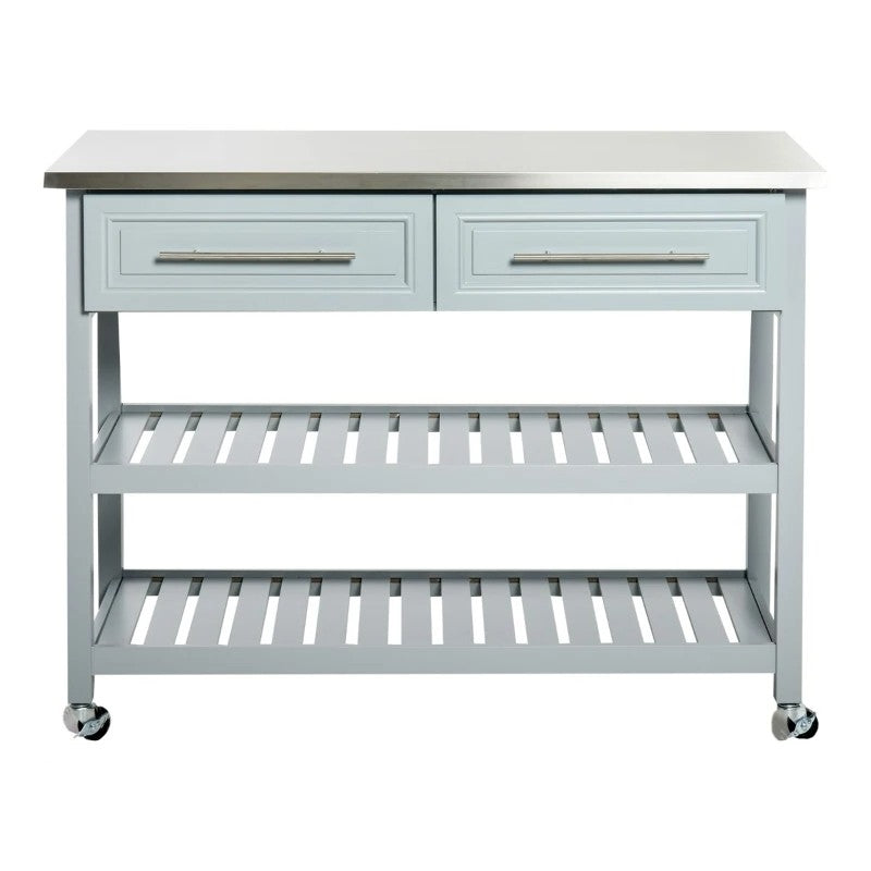 Isla de cocina rodante gris claro 2 cajones de almacenamiento con encimera de acero inoxidable