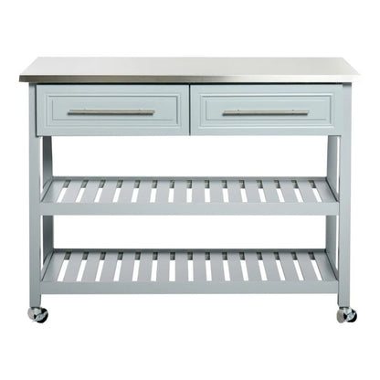 Isla de cocina rodante gris claro 2 cajones de almacenamiento con encimera de acero inoxidable