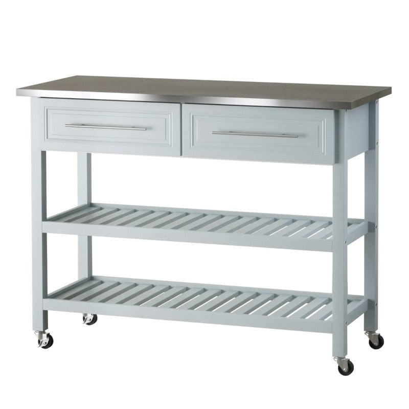Isla de cocina rodante gris claro 2 cajones de almacenamiento con encimera de acero inoxidable