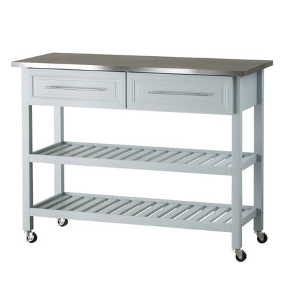 Isla de cocina rodante gris claro 2 cajones de almacenamiento con encimera de acero inoxidable