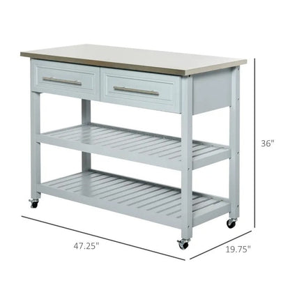 Isla de cocina rodante gris claro 2 cajones de almacenamiento con encimera de acero inoxidable