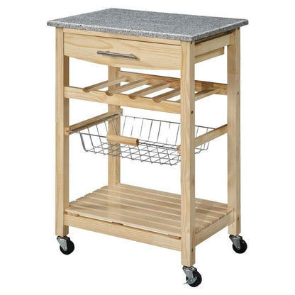 Carrito de isla de cocina de madera natural con encimera de granito