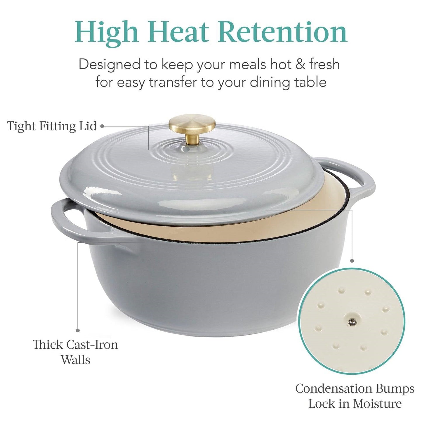 Horno holandés de hierro fundido de esmalte gris claro de 5,7 litros para cocina