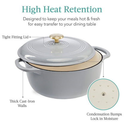 Horno holandés de hierro fundido de esmalte gris claro de 5,7 litros para cocina