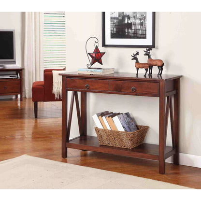 Mesa de Sofá Consola de 2 Cajones con Estante de Almacenamiento para Sala de Estar en Marrón Tabaco