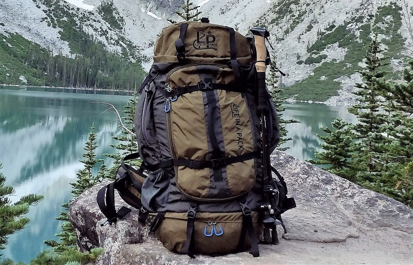 75+L River Country Gear backpacking pack khaki with black straps on Tampa Home & Garden Store