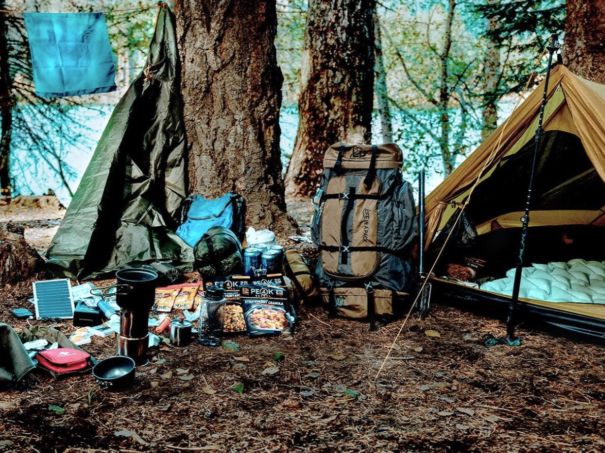LifePack backpacking survival kit by River Country Gear brown gray pack with tent and stove gear on Tampa Home & Garden Store