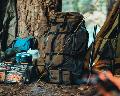 LifePack backpacking kit by River Country Gear, brown/gray pack with black straps on Tampa Home & Garden Store