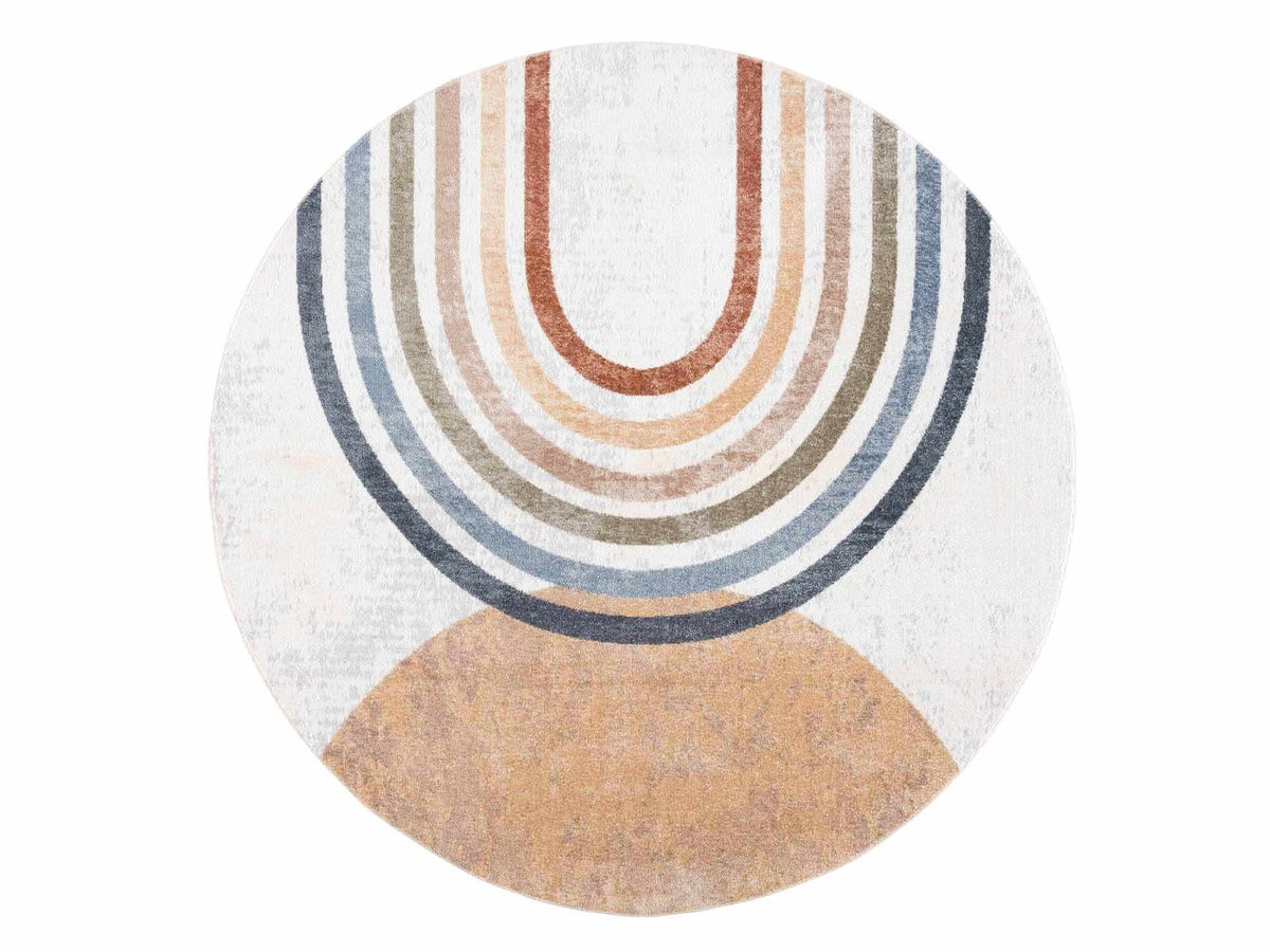 Giza washable area rug with multicolor concentric rings in blues beige rust by Boutique Rugs on Tampa Home & Garden Store