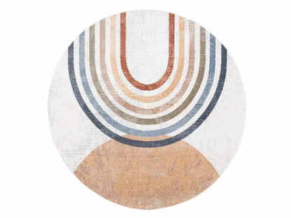Giza washable area rug with multicolor concentric rings in blues beige rust by Boutique Rugs on Tampa Home & Garden Store