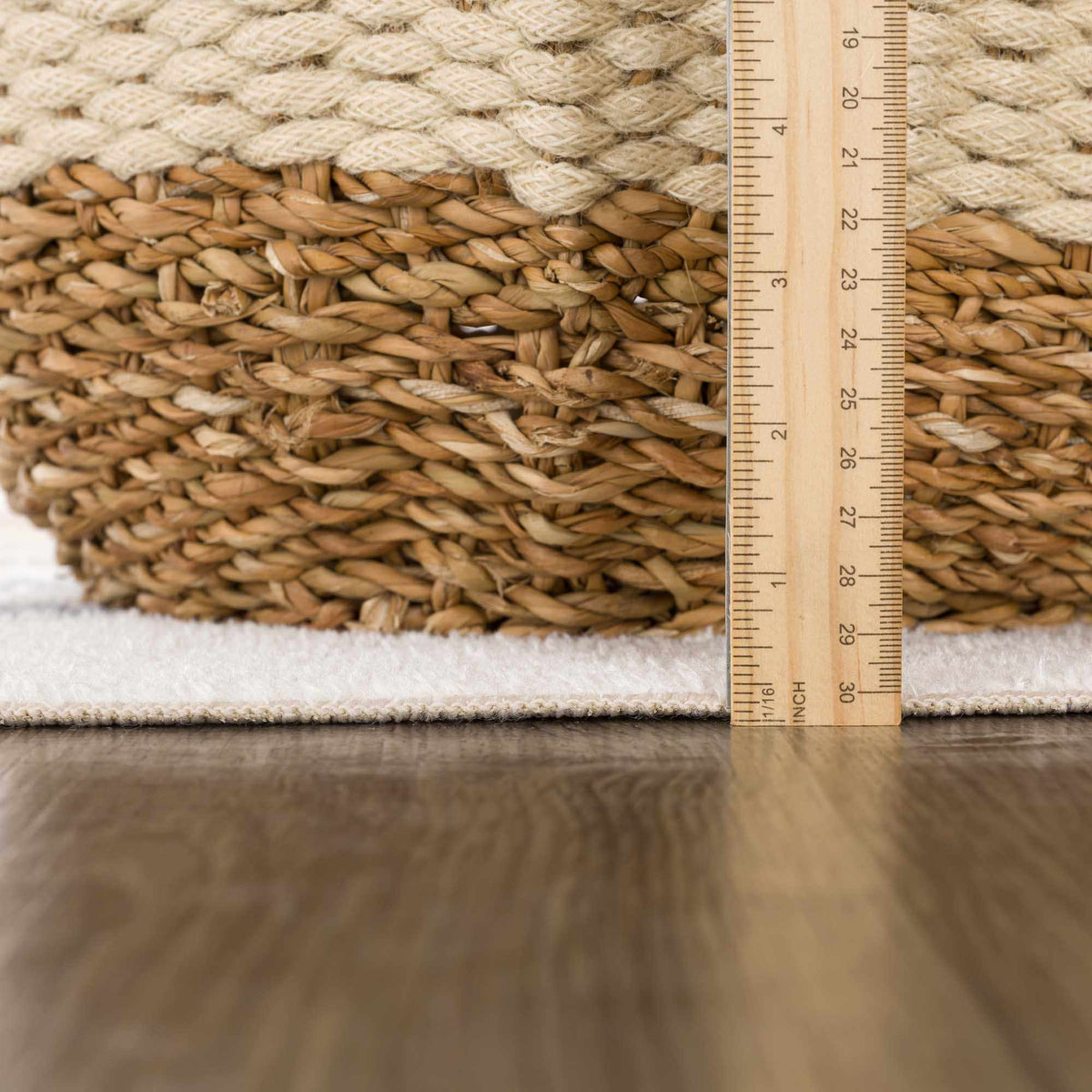 Giza Washable Area Rug braided natural beige jute fibers with ruler for scale on Tampa Home & Garden Store